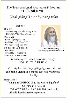 Slide 11 - Vietnam Ad.jpg - 27 June 2009Announcement of the public introductory lecture on Transcendental Meditation coordinated by the UNESCO organization for cultural exchange at the Vietnam Press Centre in Ho Chi Minh City. This announcement prompted about 500 phone calls requesting further information.